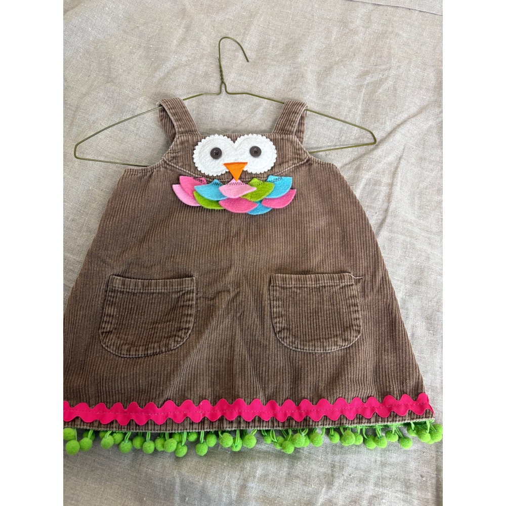 Mud Pie Girls Brown Corduroy Owl Jumper Dress Pom Pom Ric Rac 2T